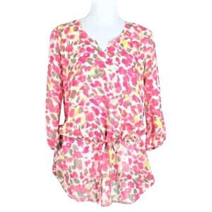 Top Pullover V-Neck 3/4 Sleeve Cinch Tie Waist Shirt Tail Hem Pink Women's Small